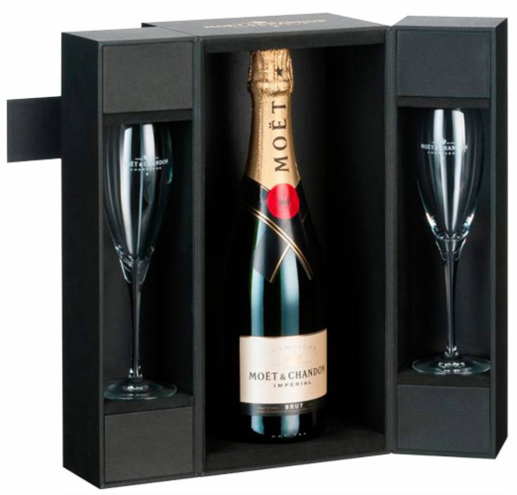 Moët & Chandon Set met 2 flutes in geschenkdoos Wijncadeaus||Mousserende wijnen||Relatiegeschenken Frankrijk kopen?